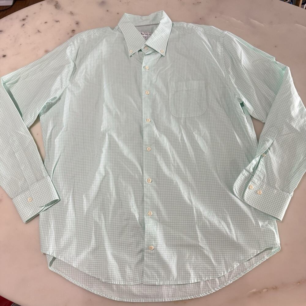 Peter Millar Button-Up Dress Shirt Men XL Mint Green White Classic Gingham Check